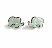 925 Solid Sterling Silver White Opal Lucky Elephant Stud Earrings –...