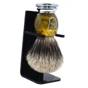 Parker Premium 3-Band Pure Badger Bristle Shaving Brush with Stand, Faux Horn