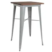 23.5" Square Silver Metal Bar Height Restaurant Table with Walnut Wood Top