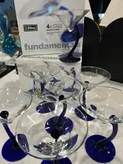 New Libby Cobalt Blue Swerve Curve Stem Martini Glass Set of 7 Cocktail Barware