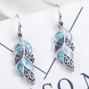 Blue & Silver Boho Tribal Feather Leaf Drop Dangle Hook Earrings Women�s Gift
