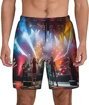 [Sipumia] Mens DJ Band Printed Swim Trunks with Compression Liner Quick Dry 2 in 1 Board Shorts with Pockets