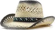 [BoqQu] Simple Straw Hollow Western Cowboy Hat Women Men Handmade Fedora Sombrero Hombre Beach Cowgirl Jazz Sun Hat (Color : Black, Size : 56-58CM Adjustable), Black, One size, Black, One size