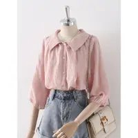 在飛比找ETMall東森購物網優惠-復古方領粉色五分袖別致條紋襯衫
