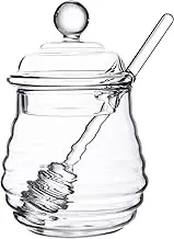 GMFINE Glass Honey Jar with Dipper Stick, Beehive Honey Pot Containers with Dipper and Lid Set for Storing Honey and Syrup, 10 oz, Clear