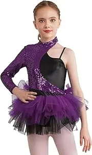 [Aislor] Kids Girls Sequins Asymmetrical Sleeves Ballet Leotard Dress for Jazz Latin Modern Samba Rumba Performance