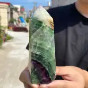 1.2lb Natural colourful Fluorite Obelisk Quartz Crystal Wand Tower Point Healing