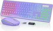 Wireless Keyboard and Mouse Combo - RGB Backlit, Rechargeable & Light Up Letters, Full-Size, Ergonomic Tilt Angle, Sleep Mode, 2.4GHz Quiet Keyboard Mouse for Mac, Windows, Laptop, PC, Trueque, Purple