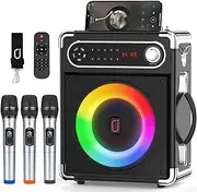 Karaoke Machine with 3 Wireless Microphones for Adults, Portable Bluetooth Karaoke Speaker with Bass/Treble Adjustment, PA System with Echo Effect, Support TF Card/USB/AUX/FM/REC/TWS (3 Mics)