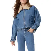 Sam Edelman Mesa High-Pile Fleece Collar Zip-Up Crop Denim Moto Jacket in Split at Nordstrom, Size Large