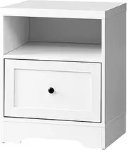 OIKITURE Wooden Nightstand with Drawer - Small Bedside Table with Open Shelf Storage, Metal Alloy Handles, Modern End Table for Bedroom Living Room Garden Balcony, White