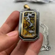 Kenya Olive Meteorite Square Necklace Pendant Inlaid with Titanium Steel