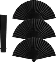 Karjiaja 3 Pcs Folding Black Chinese Hand Fan - Handheld Bamboo and Silk Fabric Fans for Women