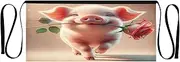 [Joitme] Cute Pig Red Rose Server Apron Men, Short Apron with Pockets, Aprons with Pockets for Women, Cute Pig Red Rose