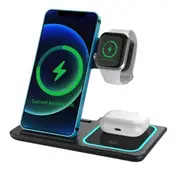 15W 3 in 1 Wireless Charging Stand with USB QC3.0 Mains Charger - Black