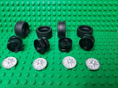 Lego NEW black 24x12 tire & 18x12mm wheel & metallic silver wheel cover set of 4