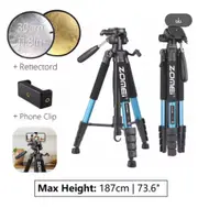 187cm/73.6in Tall Zomei Aluminum Alloy Portable Tripod for Camera DSLR Canon Nikon, 360 Degree Panorama Photography Phone Stand Q188-BL-Clip-BGB