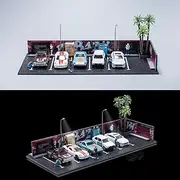 1/64 Diorama Garage, Garage and Display Case for Model Car, Scenic Diorama Display Car Park with 2 LED Street Lamps and 5 Outdoor Parking Spaces