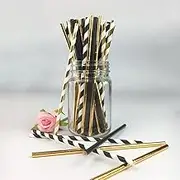 Biodegradable Stripe Straws Gold and Black Paper Drinking Straws for Party 100 Pcs 7.75 Inches for Adult and Kids by Youmewell
