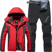 [Yytcsjz] Men Ski Jacket Ski Pants, Fashion Mens Plus Size Plush and Thicken Hooded Ski Coat Trousers Ski Suit, Outdoor Sports 2 Pieces Set, for Skiing, and Winter Outdoor Activities (Color : B red, Size : 9X