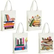 Sweetude 4 Pcs Aesthetic Canvas Tote Bag Bulk, Cute Shoulder Bag Canvas Book Tote with Interior Pocket Reusable Grocery Bags