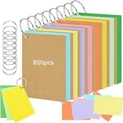 Flash Card, 8 Pack 800 Pcs Multicolor Revision Cards Index Cards A7 Ruled Flshcards Multicolor Kraft Paper Notecards Cue Cards with 9 Metal Binder Rings for Office School Home Study Record-10.5*7.5 CM