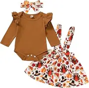 [SEVEN YOUNG] Infant Baby Girls Thanksgiving Outfit Long Sleeve Romper + Pumpkin Maple Leaf Print Strap Dress + Headband Skirt Set