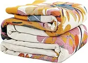 VANJOROY Boho Large Throw Blanket, 100% Organic Cotton Breathable Soft Bed Throw - Fall Floral Bird Butterfly Farmhouse Decor Blanket for Sofa Couch Chair and Gift. 91" x 98"-Beige and Blue