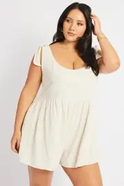 Beige Playsuit Sleeveless Shoulder Tie Linen Blend
