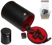Black PU Leather Felt Lined Cup Compartment + (6) Transparent Smoke / Red Dice