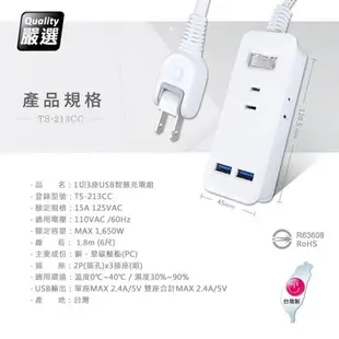 【台灣製造 新版安規】1切3座延長線/2USB智慧型充電組/15A 1650W(1.8米/6尺/180CM)