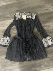 NWT RYU Anthropology Dress Mini Black Lace Button Up Belted Boho Sz M
