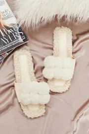 White Plus Pom Pom Fluffy Faux Fur Slider Slippers