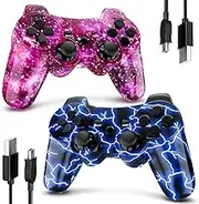 Degulan PS3 Controller Wireless, Gaming Remote Joystick for Playstation 3 with Charger Cable Cord (BlueFlash and PurpleSky)