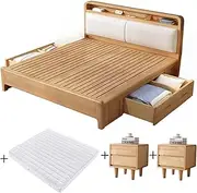 Solid Wood Bed Frame with Mattress and 2 Nightstand, Farmhouse Bedframe with Headboard, Storage, USB Port and Night Light (Wood Pull-Out Storage Bed+Mattress+2 nightstands, California King)