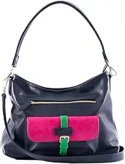 [Liv & Milly] Tri-tone Shoulder Bag, Navy with Pink and Green Accents, Handbag with Front Pocket
