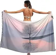 [XYMZR] Women's Sarong Swimsuit Coverups Tree Lake Landscape Chiffon Bikini Wraps Skirt with Tassels L