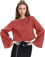 [Amazhiyu] Womens Linen Blouses, Long Sleeve Short Linen Tops, Ladies Linen Top Loose Flowy Crew Neck Top for Women UK