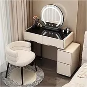 Vanities with Mirror and Lights and Drawers, Glass Top Vanity Tables of Chair Set with 3 Color Lighting Modes for Bedrooms Creamy White,70cm