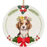 Cute Beagle Dog Puppy Head Flower Wreath Christmas Ornament Ceramic Gift Decor
