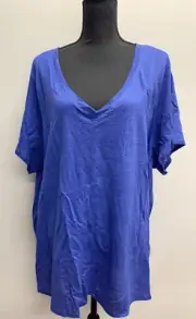 Tahari Blue V-neck T-shirt Top Tunic Short Sleeve 100% Linen Pullover 3X NEW