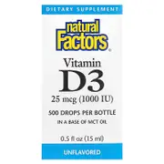 Natural Factors, Vitamin D3 Drops, Unflavored, 25 mcg (1,000 IU), 0.5 fl oz (15 ml)