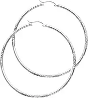 [JewelryWeb] 14k White Gold 2mm Budded Sparkle Cut Round Tube Hoop 55mm Earrings-Hoop Earring for Women