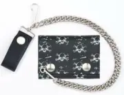 GENUINE LEATHER MULTI SKULL BONES TRI-FOLD MEN WALLET W SNAP ON CHAIN GI690 NEW