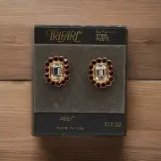 Vintage Trifari Gold Tone Square Clear Rhinestone With Ruby Red Color Rhinestone