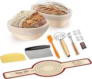 Banneton Bread Proofing Basket Set,Sourdough Baking Kit with 9'' Round and 10'' Oval Sourdough Bread Baskets, with Sling,Bread Lame, Sling, Spatula, Scraper, Dough Whisk,Banneton Basket Gift Set