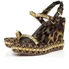 Christian Louboutin PYRACLOU Spiked Platform Wedge Heel Sandals Shoes Leopard