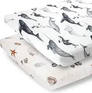 Pobibaby - 2 Pack Premium Pack N Play Sheets Fitted for Standard Pack and Plays and Mini Cribs - Ultra-Soft Jersey Knit, Stylish Ocean Pattern, Safe and Snug for Baby (Seaside)
