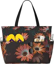 [Ghjkfbf] Orange Chrysanthemum Print Large Capacity Beach Travel Bag For Family, Beach Tote Bag For Women With Zipper Pockets, Black, One Size