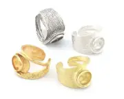 Adjustable Ring Half Drilled Pearl Bezel Raw,silver,Shiny silver-gold 4788